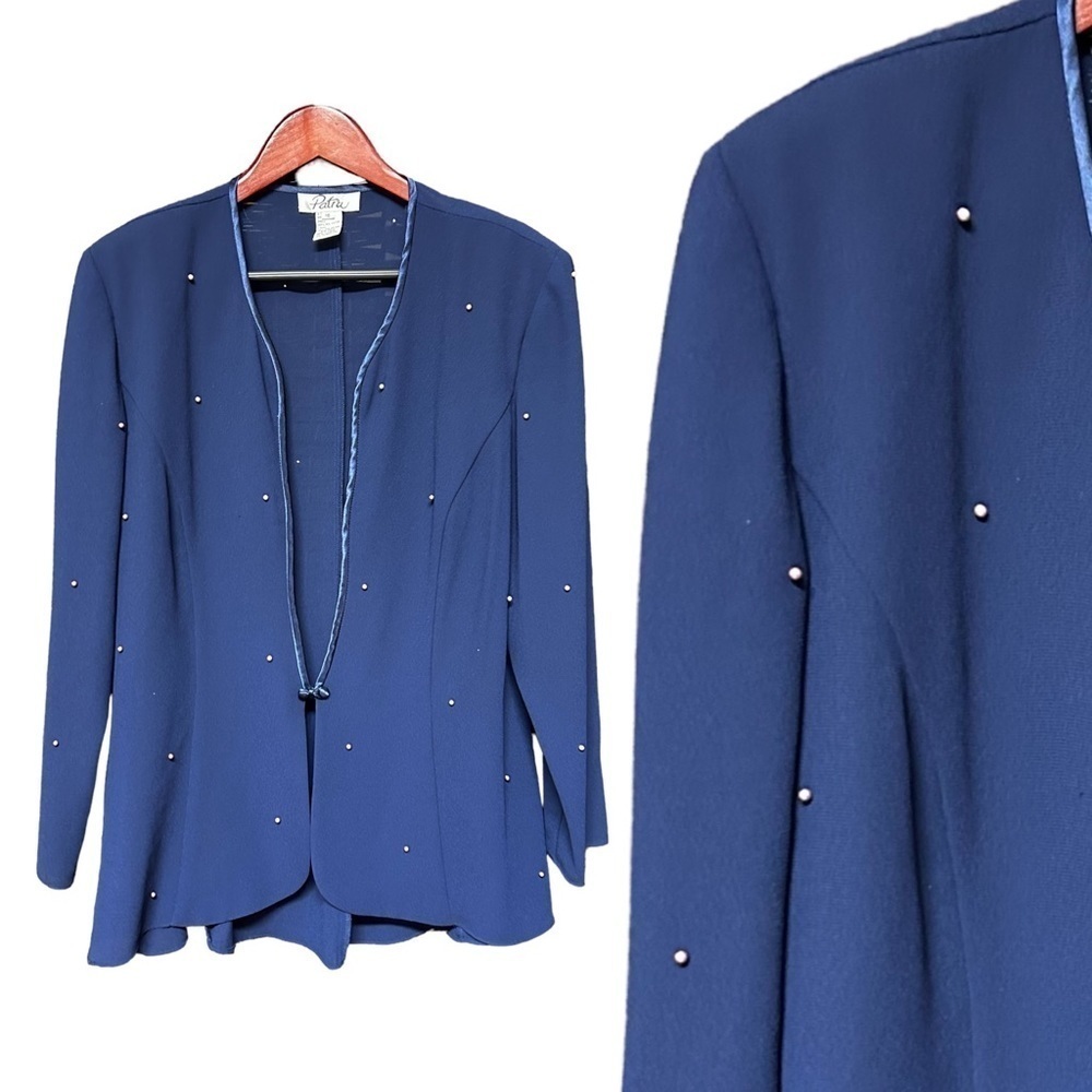 Patra retro blue pearl adorned sheer inverted blazer size 16 Polyester